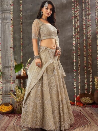 Asparagus Green Mirror Embroidered Net Bridesmaid Lehenga - Image 4