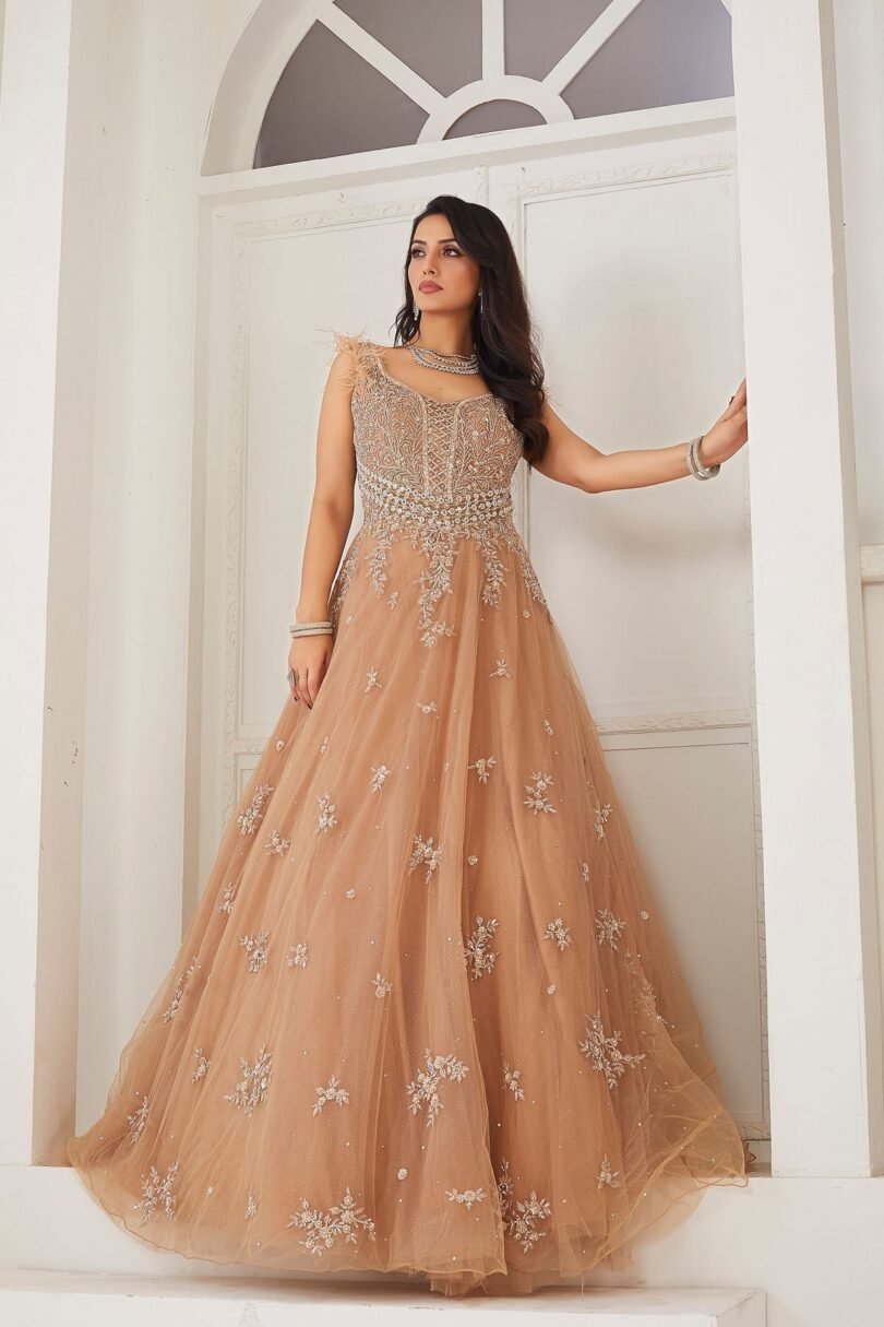Warm Taupe Sequins Embroidered Net Cocktail Gown - Image 4