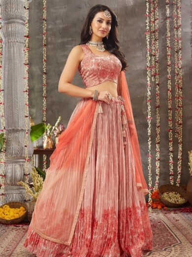 Peach Pearl Sequins Embroidered Crepe Party Wear Lehenga - Image 5