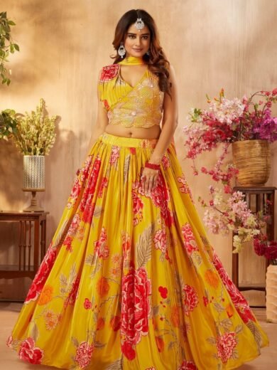 Golden Yellow Printed Crepe Party Wear Lehenga - Image 3