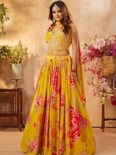 Golden Yellow Printed Crepe Party Wear Lehenga - Image 5