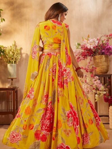 Golden Yellow Printed Crepe Party Wear Lehenga - Image 7