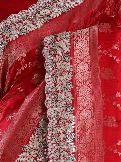 Crimson Red Gota Embroidered Satin Silk Saree - Image 5