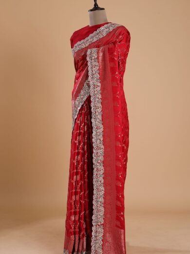 Crimson Red Gota Embroidered Satin Silk Saree - Image 3