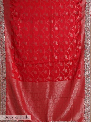 Crimson Red Gota Embroidered Satin Silk Saree - Image 2