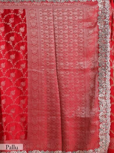 Crimson Red Gota Embroidered Satin Silk Saree - Image 6