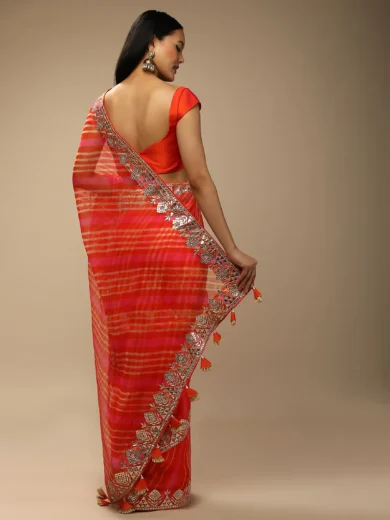 Orange And Fuchsia Dual Toned Saree In Organza With Lehariya Print And Gotta Patti Embroidered Geometric Floral Border - Image 4