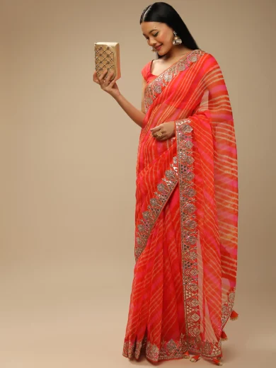 Orange And Fuchsia Dual Toned Saree In Organza With Lehariya Print And Gotta Patti Embroidered Geometric Floral Border - Image 3
