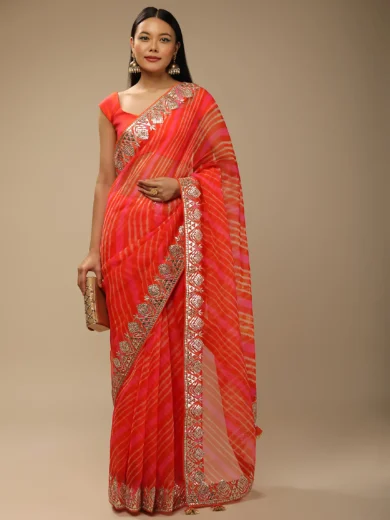 Orange And Fuchsia Dual Toned Saree In Organza With Lehariya Print And Gotta Patti Embroidered Geometric Floral Border
