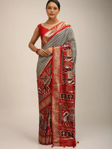 Red Saree In Silk With Multi Colored Patola Print And Diagonal Stripes