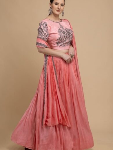 Coral Pink Cutdana Embroidered Georgette Designer Lehenga - Image 4