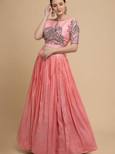 Coral Pink Cutdana Embroidered Georgette Designer Lehenga - Image 3