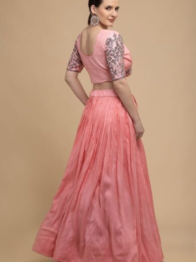 Coral Pink Cutdana Embroidered Georgette Designer Lehenga - Image 2