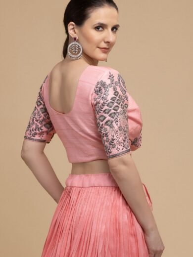 Coral Pink Cutdana Embroidered Georgette Designer Lehenga - Image 6