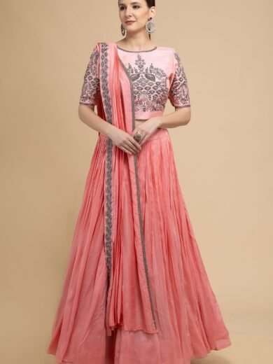 Coral Pink Cutdana Embroidered Georgette Designer Lehenga - Image 5