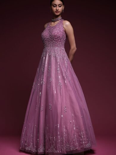 Mauve Stone Embroidered Net Evening Gown