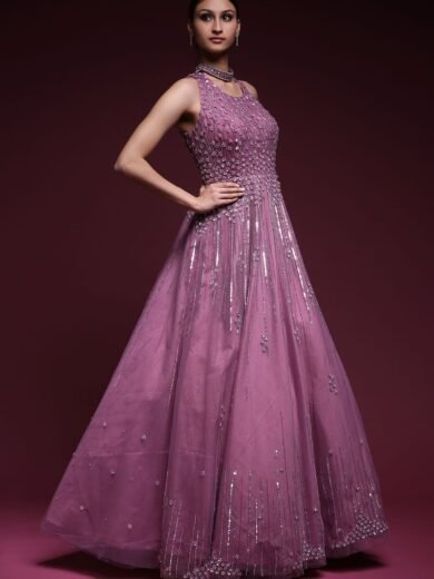 Mauve Stone Embroidered Net Evening Gown - Image 3