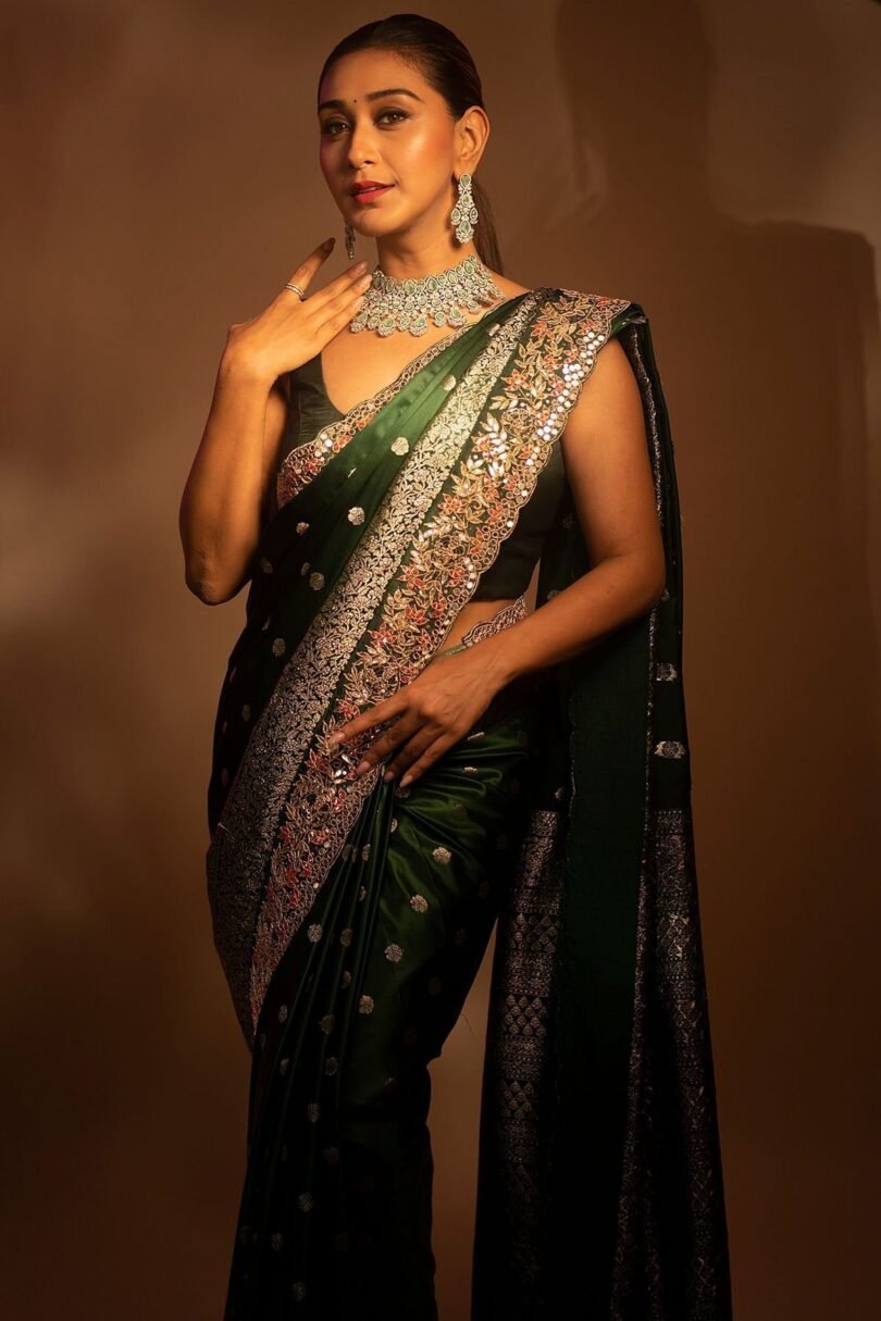 Castleton Green Zari Woven Floral Motif Satin Silk Saree - Image 4