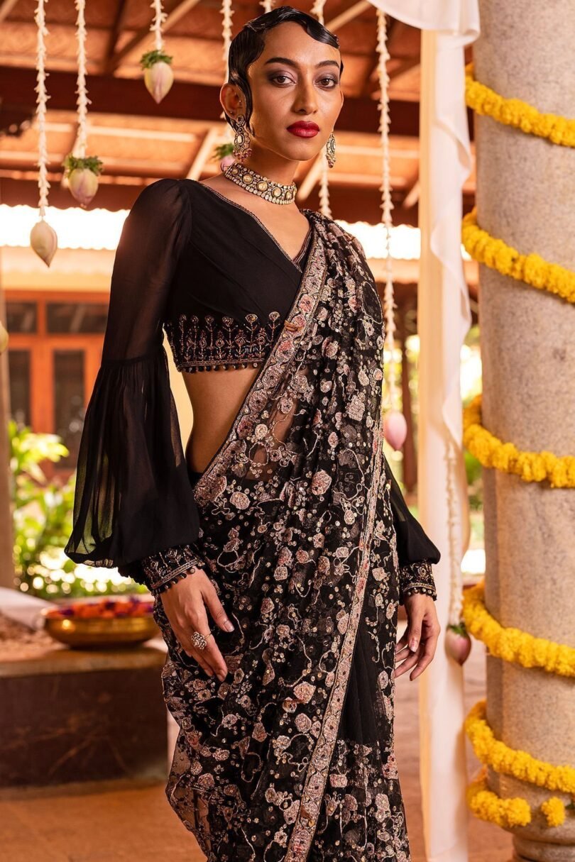 Black Sequins Embroidered Party Wear Net Saree - Image 3