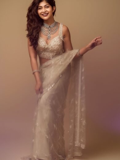 Coconut Milk Beige Pearl Embroidered Net Saree